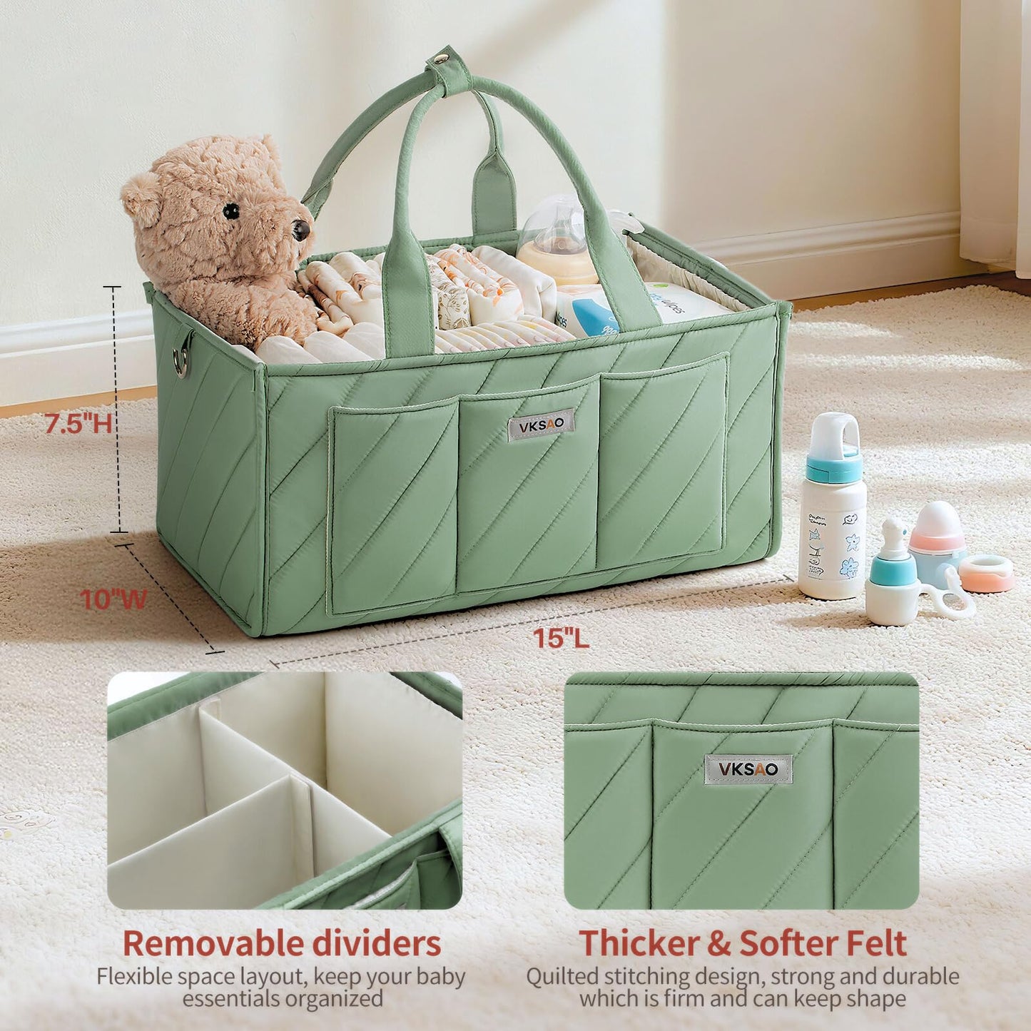 VKSAO Baby Essentials Diaper Caddy Organizer – Portable Storage Basket with Shoulder Strap & Stroller Hooks, Splashproof Quilted Nursery & Car Tote, Gender Neutral Gifts for Baby Shower, Sage Green