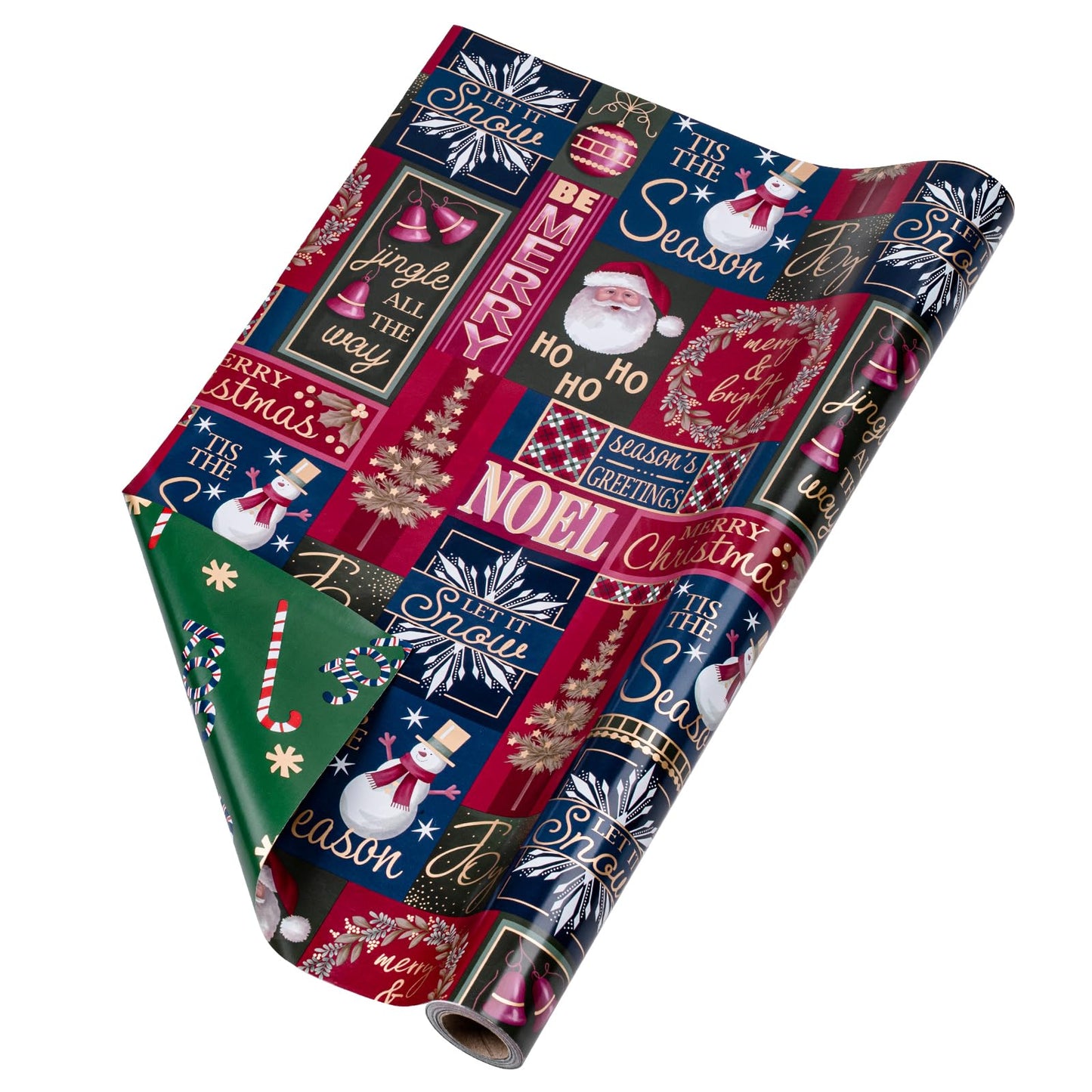 Reversible Wrapping Paper Roll - Mini Roll - Christmas Santa Claus, Snowman and Candy Cane Pattern Great for Christmas, Party, Holiday - 17.5 Inches X 32.8 Feet