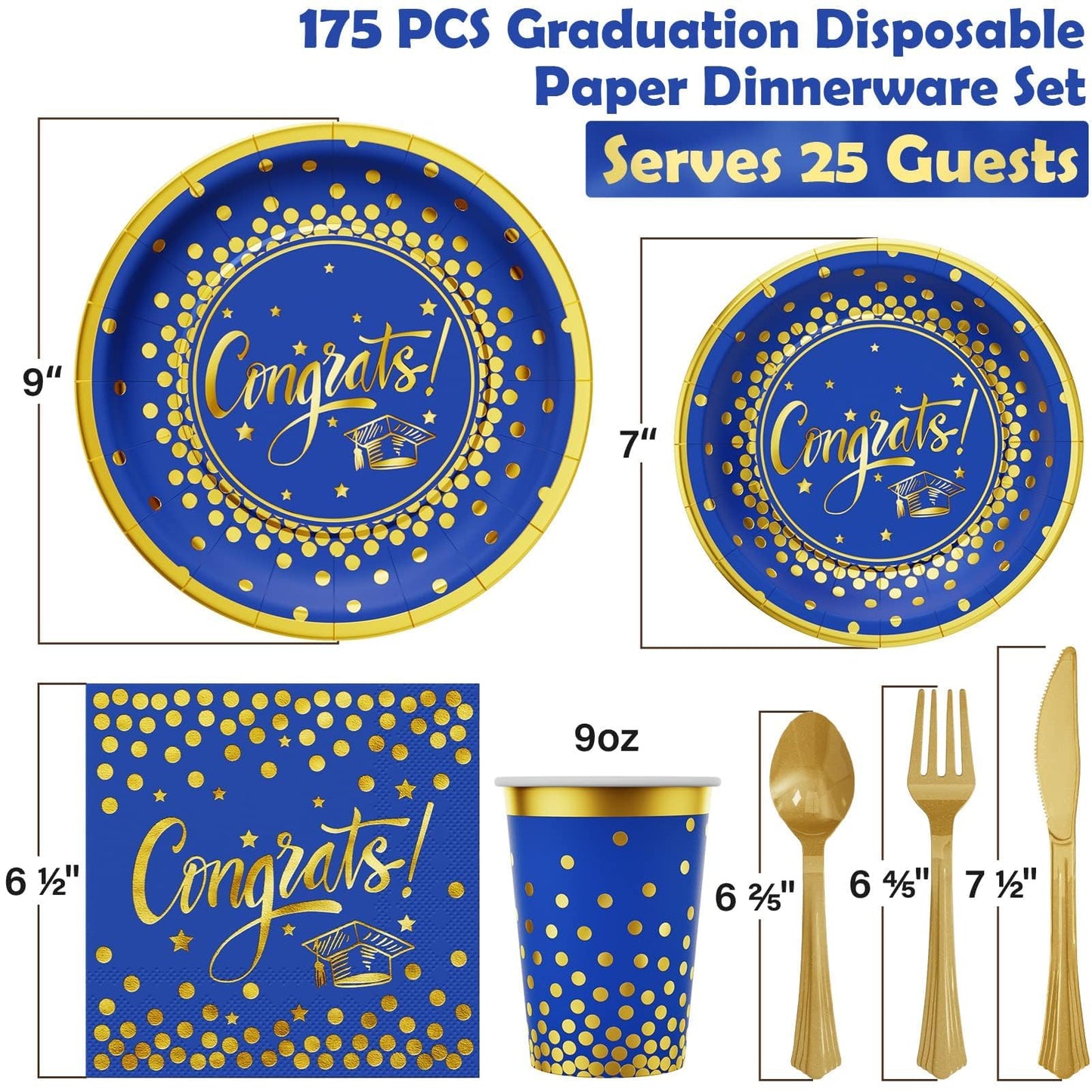 Ecomore Graduation Decorations 2026-175 PCS Blue Gold Disposable Dinnerware Set, Congrats Grad Party Supplies w/Paper Plates Cups Napkins & Plastic Cutlery, Serves 25 for School College Class 2026