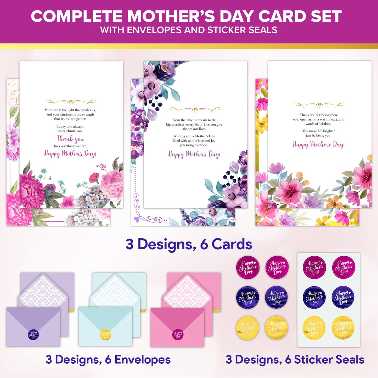 Decorably 6 Pack Foiled 5x7in Mothers Day Cards Pack with Envelopes and Stickers, 3 Floral Designs Mother's Day Cards Pack with Printed Message Inside