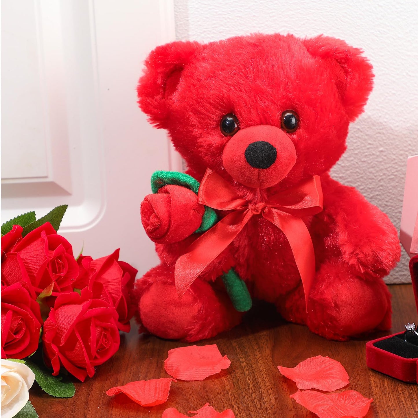 Valentine Bear Stuffed Animal Gift with Rose Funny Cute Bear Plush Stuffed Animal for Kids Toddler Mother Girlfriend Valentine Birthday Wedding, 11.8 Inches(Red)