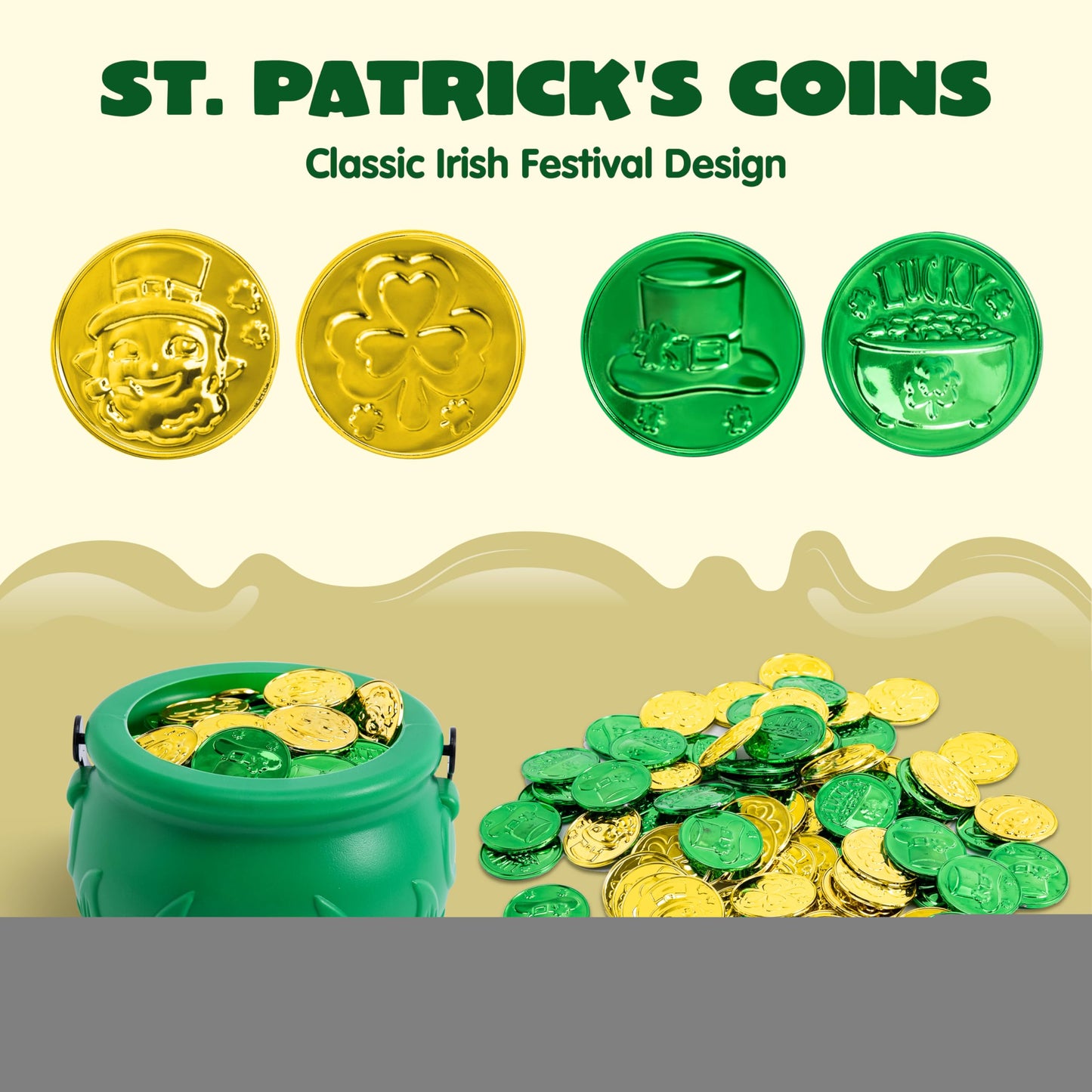 JOYIN 208 St Patrick’s Day Lucky Leprechaun Plastic Coins and 1 Large Green Cauldron with Handle Saint Patricks Pot of Gold Party Supplies
