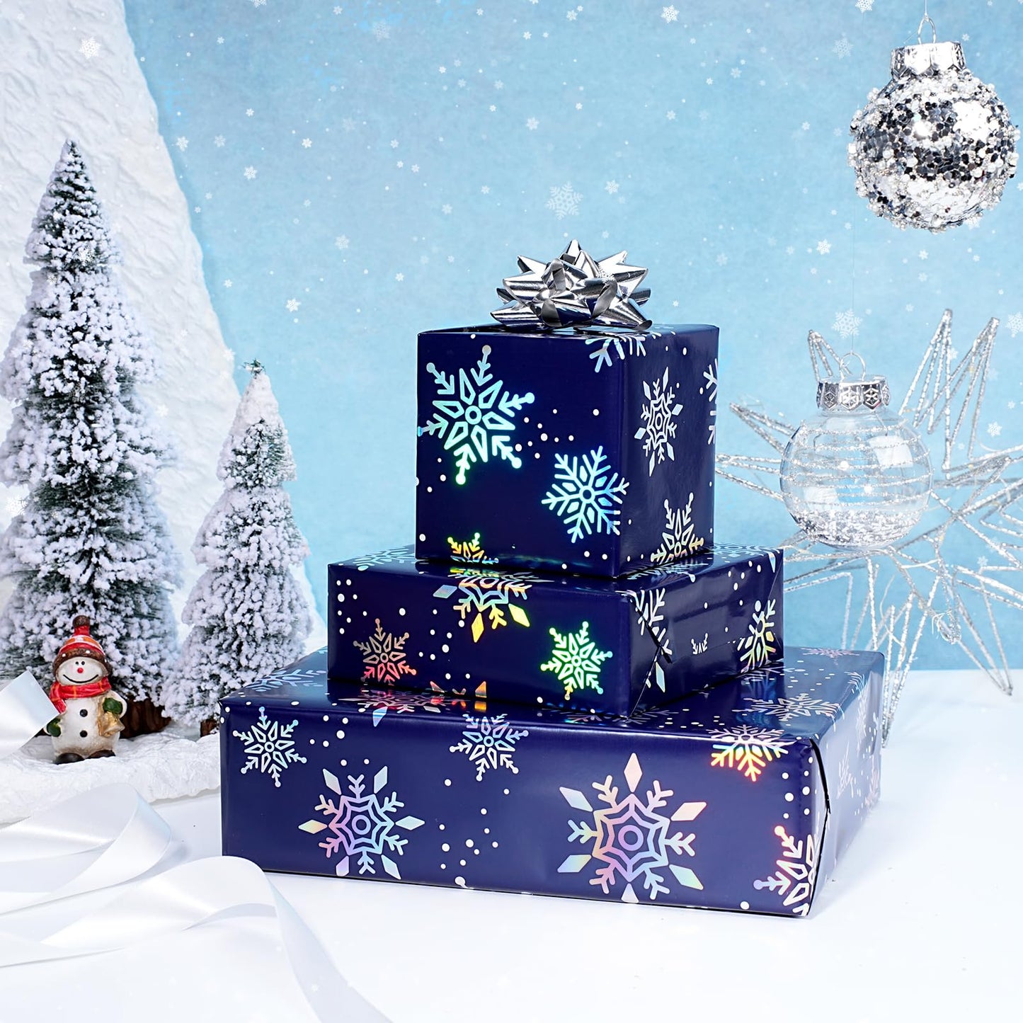 Navy Blue Christmas Wrapping Paper Roll, 17 Inch x 33 Feet, Holographic Foil Snowflake Design with Cutting Grid, Holiday Gift Wrap for Winter Birthday & Seasonal Party Decoration