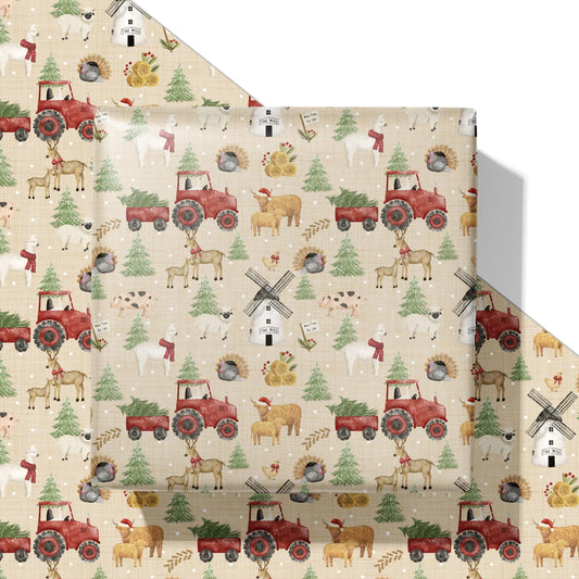 Farm Christmas Wrapping Paper - Rustic Xmas Gift Wrap with Red Tractors, Farm Animals Like Reindeer Highland Cow, and Christmas Trees for Kids Adults - 40×28 Inches, 4 Folded Sheets