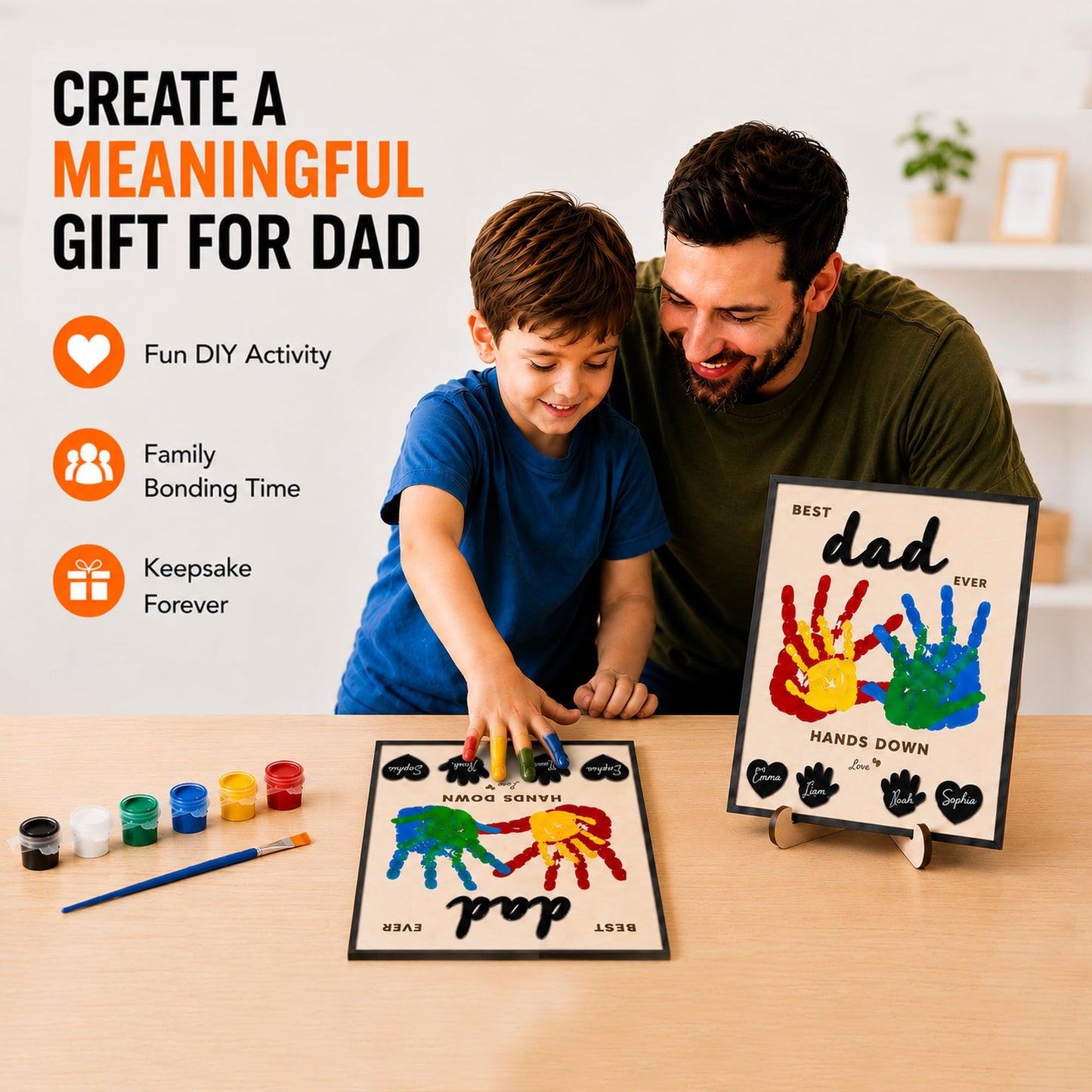 10" Best Dad Ever Hands Down Sign DIY Dad Gifts from Kids Handprint Kit with Acrylic Paint, Toddler Craft Birthday Gift Father's Day for Daddy, Papa Family Plaque with Daughter, Son Names HF90-D