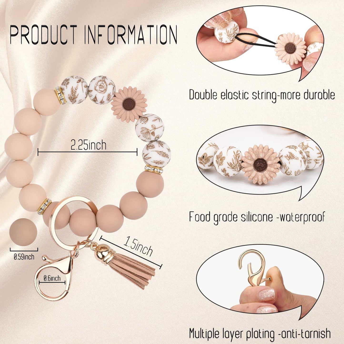 BAOSIWA Silicone Beaded Keychain Wristlet Key Ring Bracelet Cute Daisy Khaki Car Key Chain Holder for Women Girls