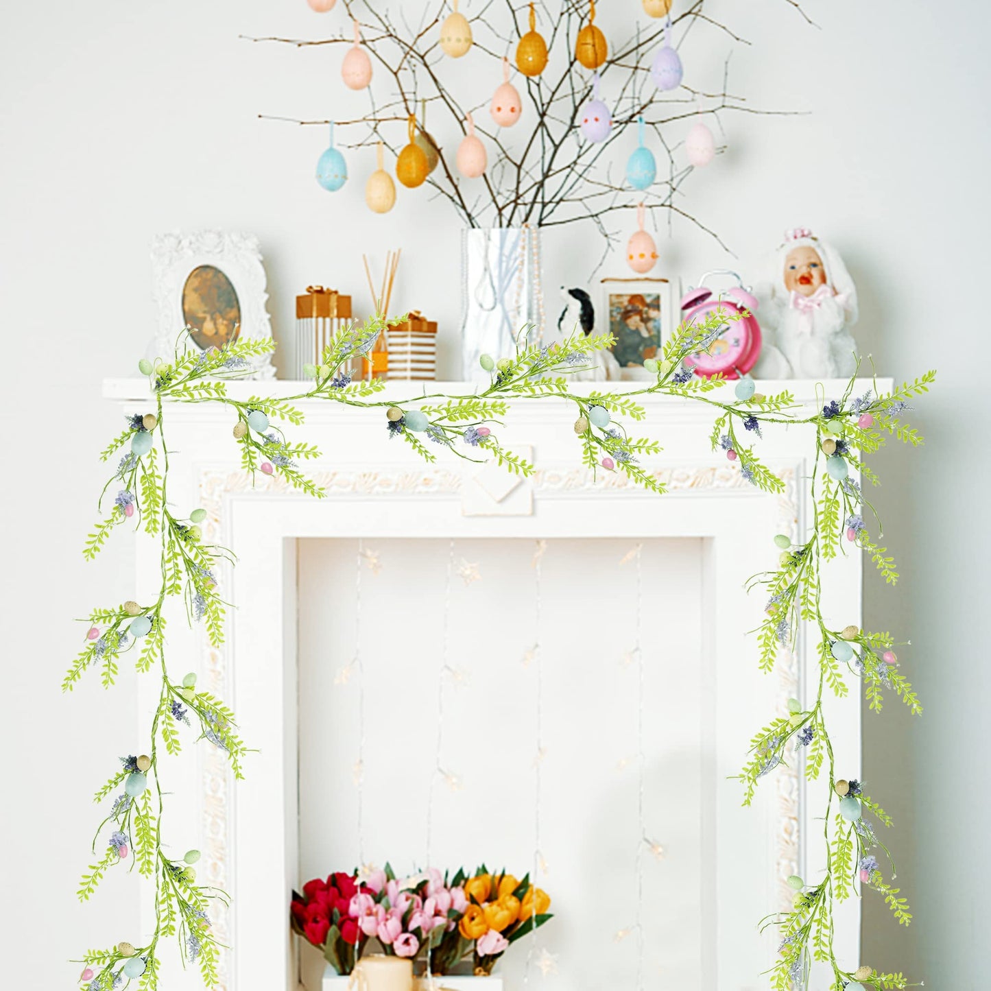6 FT Easter Decorations for Home Lighted Easter Garland Artificial Egg Garlands with 20 LED Lights & Timer Spring Decor for Mantle Fireplace Table Door