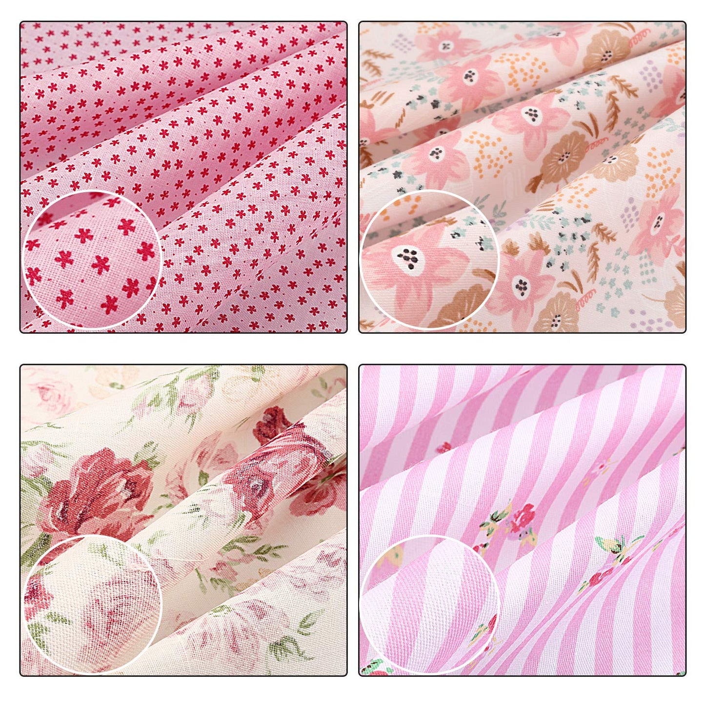 10 Pcs 20'' x 20'' Cotton Fabric Bundles, Pink Quilting Patchwork Pre-Cut Squares, Floral, Stripes, Gingham, Polka Dots Prints, Sewing Fabrics for DIY Handmade Crafting Home Party Decorations