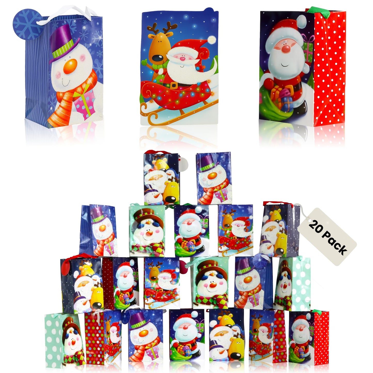 20-Pack Christmas Gift Bags, Small 4x6x2.5-Inch, Snowman Santa Reindeer, Ribbon Handles