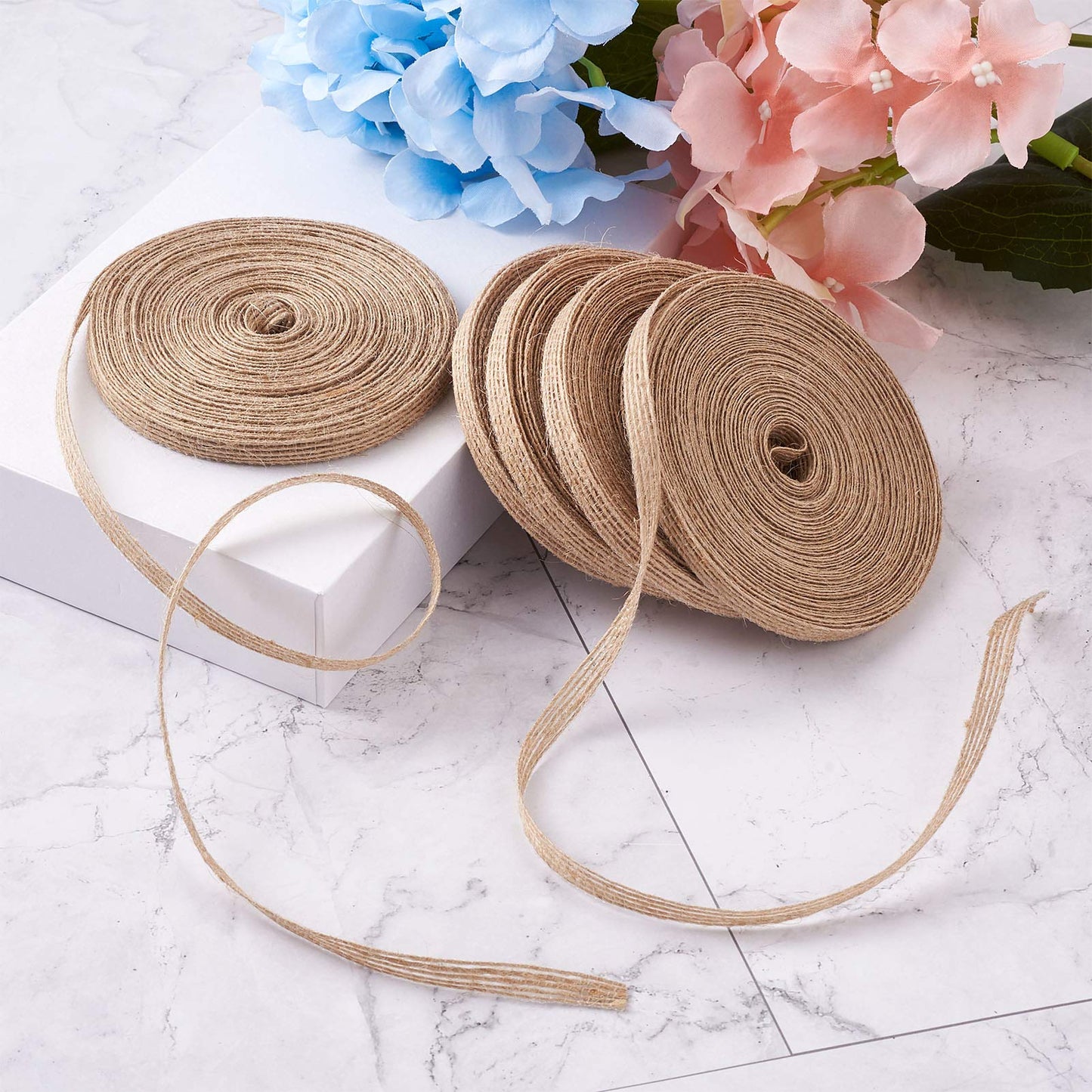 Pandahall 5 Rolls Natural Burlap Fabric Ribbon 1/4 inches Tan Jute Linen Ribbon Rolls for Party Decoration, DIY Crafts Gift Wrapping Bows Making