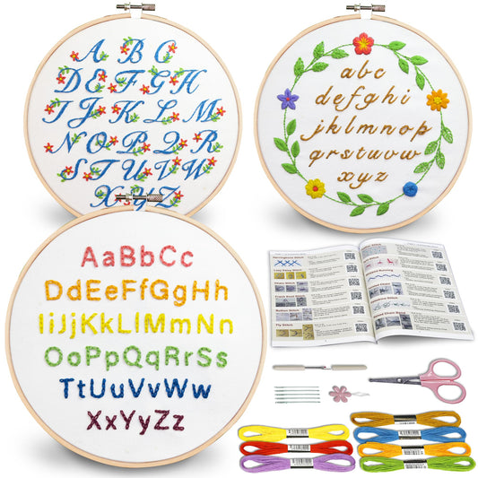 Bradove 3 Sets Alphabet Letter Practice Embroidery Kit for Beginners Adults Kids with Embroidery Patterns, Learn to Embroider Kit Adult Beginners
