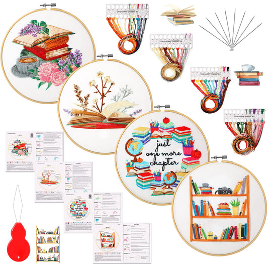 4 Set Embroidery Kit for Beginners Adults Book Lovers Funny Cross Stitch Embroidery Kit with Bamboo Hoops Needles Threads Instructions Needle Threader(Classic)
