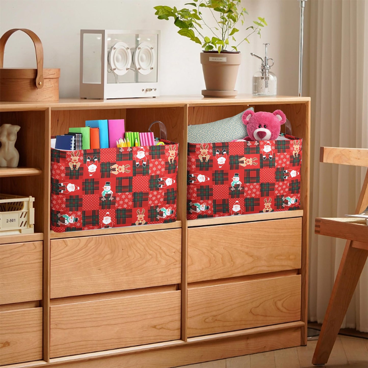 Funnewban Christmas Red Storage Bin Basket Collapsible with Leather Handles Waterproof Canvas Storage Cube Box for Closet Toys Clothes Snowman Santa Room Decor Gift Basket