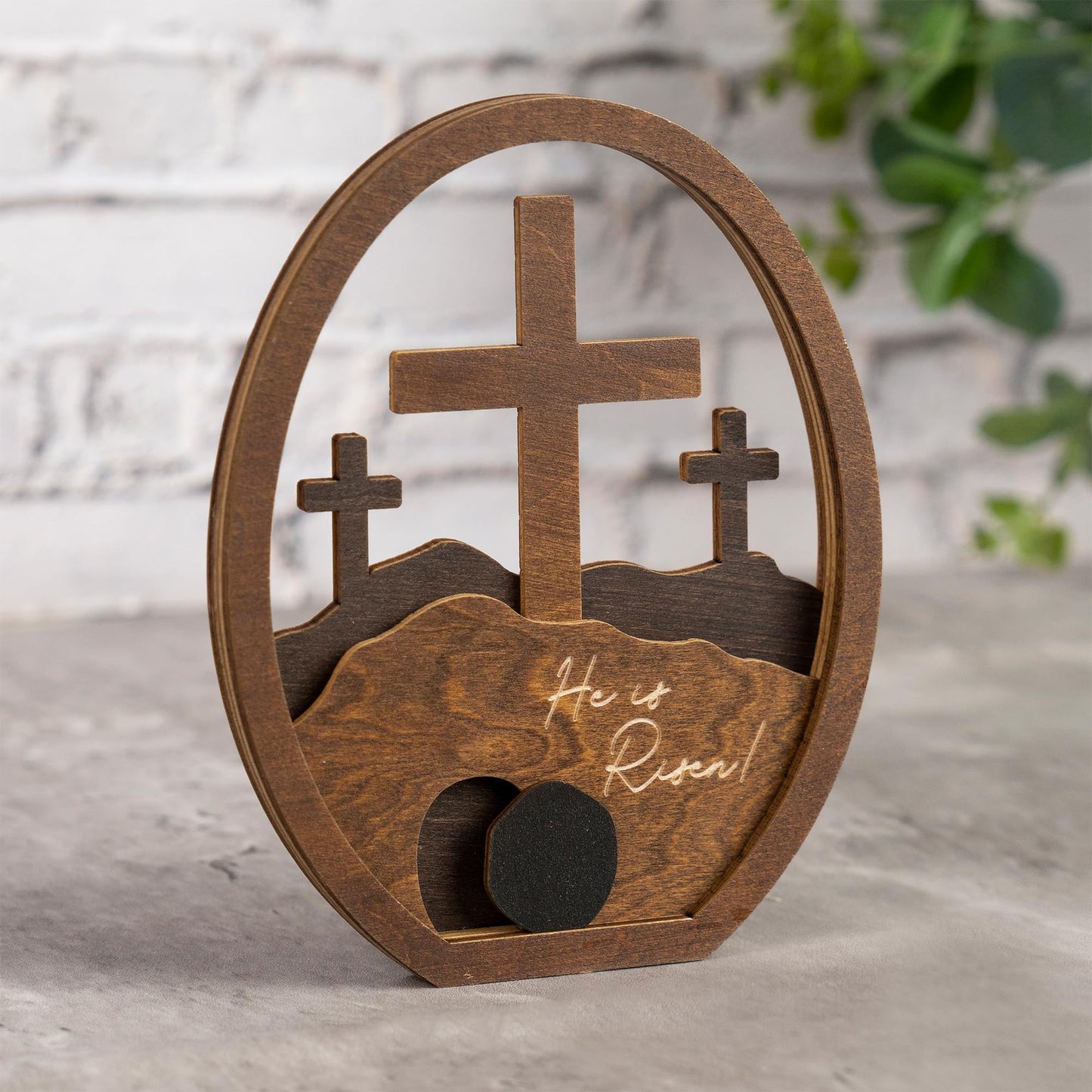 He is Risen Gifts for Adults, Easter Decor Resurrection Scene Empty Tomb, Christian Table Decorations Indoor, Catholic Cross Jesus Religious Easter Gifts Decor (Walnut Wood)