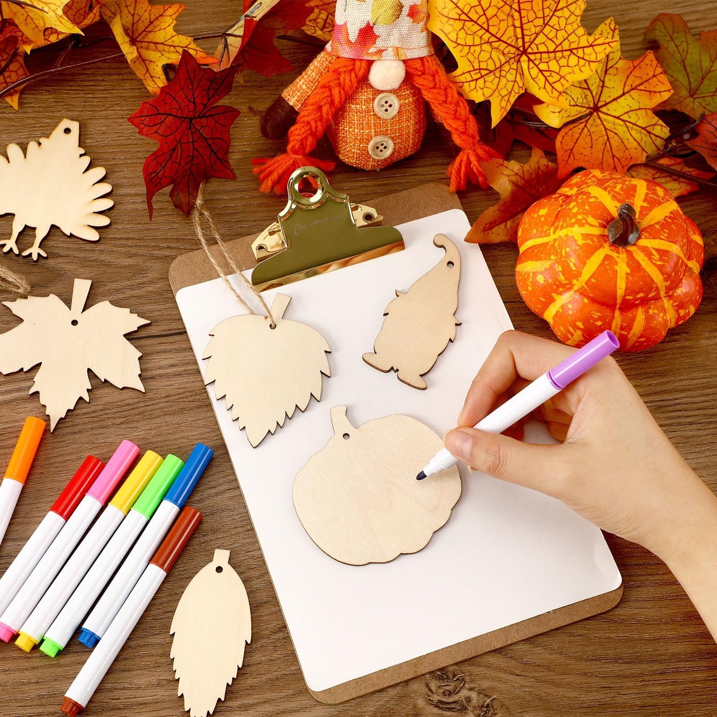 50 Pieces Thanksgiving Wooden Ornaments Fall Autumn Leaf Blanks Pendants Maple Leaves Pumpkin Unfinished Wood Slices Hanging for Fall Party Festivals DIY Crafts Decoration, 10 Styles