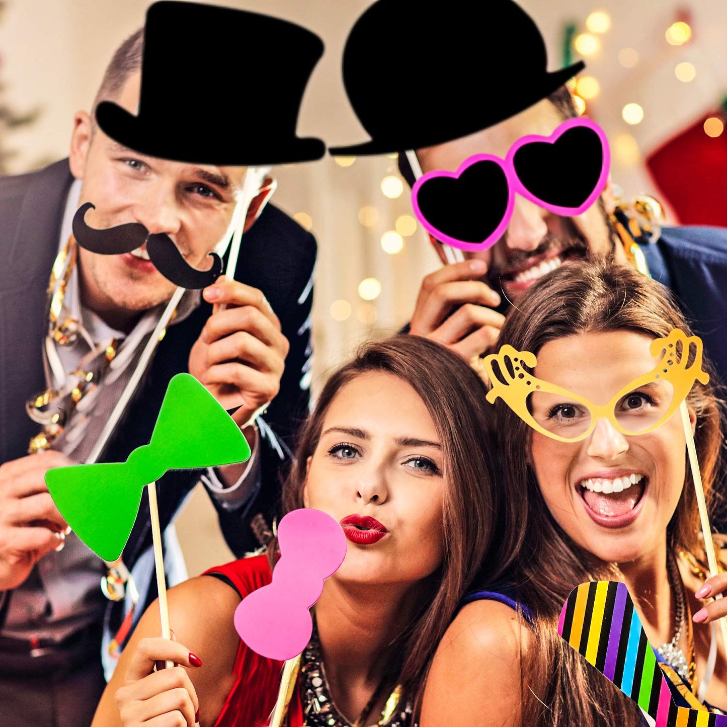 Gejoy 60 Pcs Graduation Photo Booth Props DIY Kit Funny Selfie Props Accessories for Grad Wedding Prom Party Supplies Favors with Mustache on a Stick, Hats, Glasses, Mouth, Bowler, Bowties(Classic)
