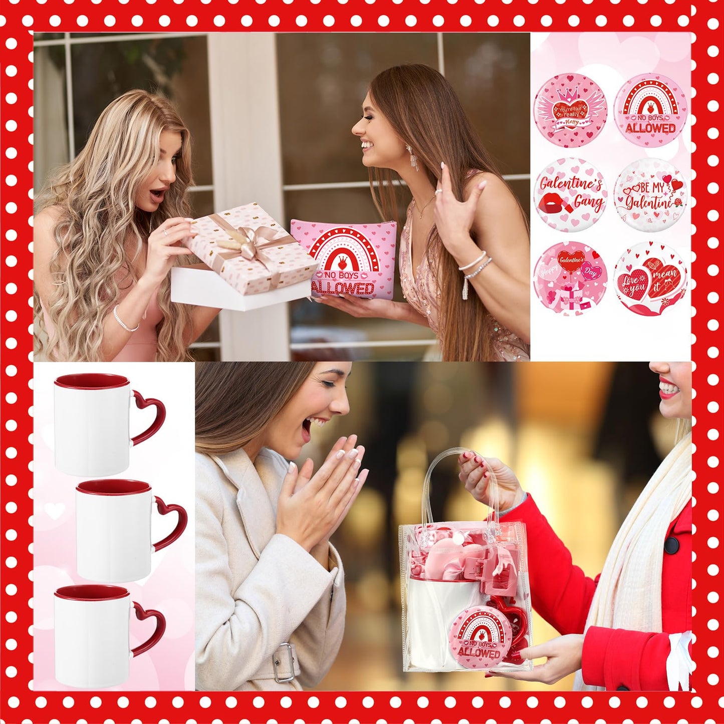 48 Pcs Galentine's Day Gifts Set Include Hairpin, Hair Scrunchies, Mug, Makeup Bags, Cards, Makeup Puff, Clear Gift Bag, Mirrors for Women Galentines Day Party Favors Bestie Valentine Friend