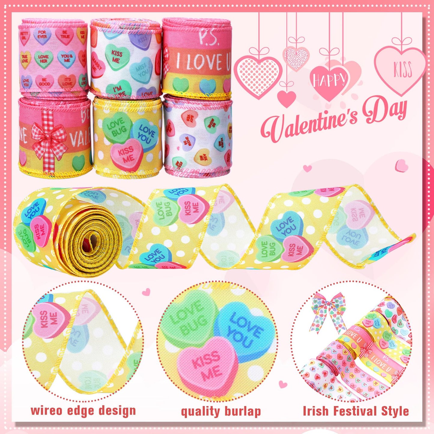 6 Rolls 30 Yards Valentine's Day Ribbons Conversation Heart Wired Wrapping Crafts Valentine Edge Ribbon Wreath Decorations for Gift Wrap DIY Crafts Wedding Birthday Party Decoration
