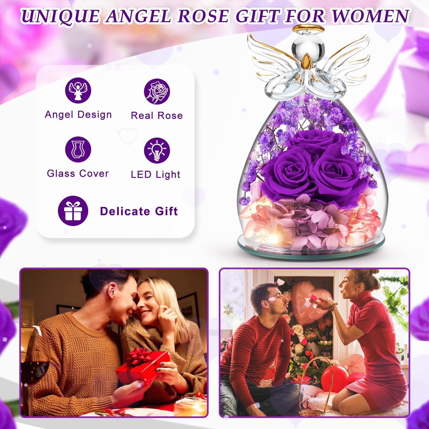 Beferr Mothers Day Mom Birthday Gifts for Women, Fresh Flowers for Delivery Forever Preserved Rose in Glass Angel Figurine, Anniversary Christian Real Rose for Grandma Nana Wife Mum from Daughter Son