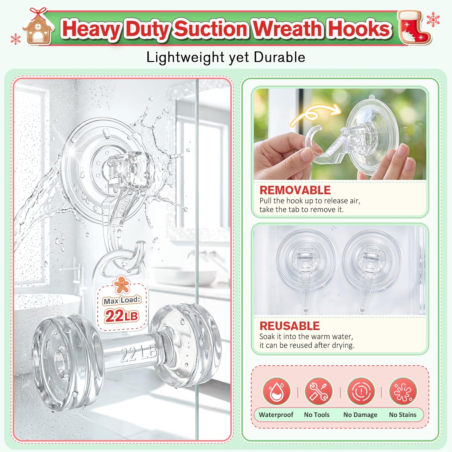VIS'V Wreath Hanger, Large Suction Cup Wreath Hooks, Heavy Duty, 22 LB Capacity, Removable and Reusable, Clear, 4 Pcs