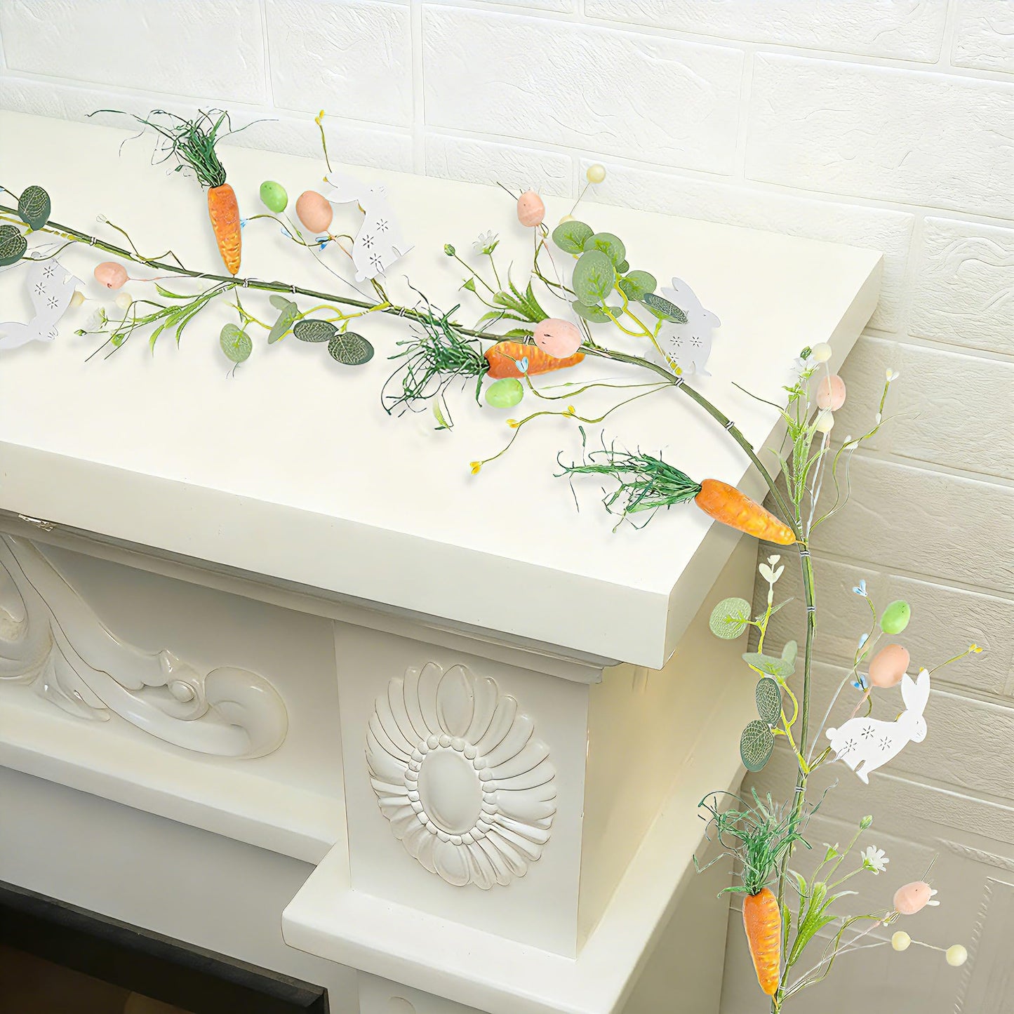 4 FT Easter Garland-Bunny & Carrot Garland Decorations for Mantle, Spring Artificial Garland with Easter Pastel Eggs for Indoor Home Fireplace Table Centerpiece Party Décor