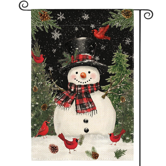 Black Snowman with Scarf Christmas Garden Flag 12x18 Inch Double Sided, Cardinal Winter Farmhouse Yard Outdoor Decorative Flag