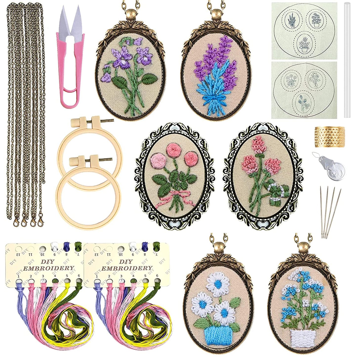 ZOCONE 6 Packs Embroidery Necklace Kits, Embroidery Pendant Kit Mini Cross Stitch Kit with Hoop, Necklace, Pendant, Brooch, Stamped Pattern Cloth, Instructions, etc. Embroidery Kits for Adults