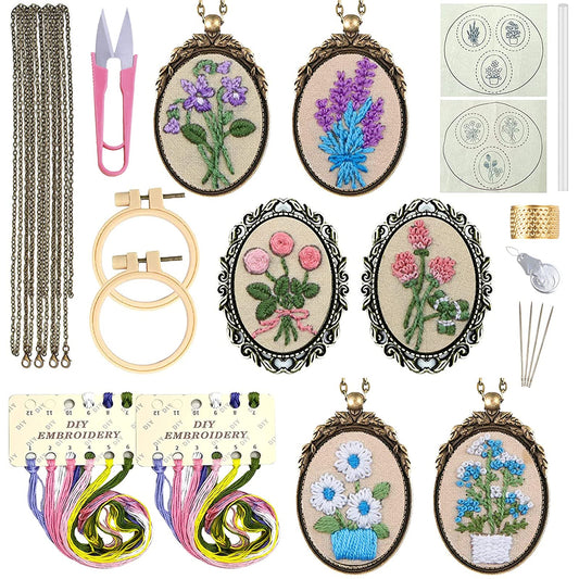 ZOCONE 6 Packs Embroidery Necklace Kits, Embroidery Pendant Kit Mini Cross Stitch Kit with Hoop, Necklace, Pendant, Brooch, Stamped Pattern Cloth, Instructions, etc. Embroidery Kits for Adults