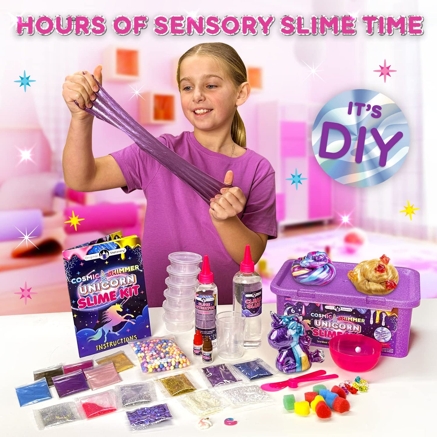 Original Stationery Unicorn Slime Kit for Girls Ages 7–12, DIY Shimmer Slime Set with Glow-in-The-Dark, Pearlescent, Holographic & Glitter Slimes, Creative Craft, Easter & Birthday Gift for Kids