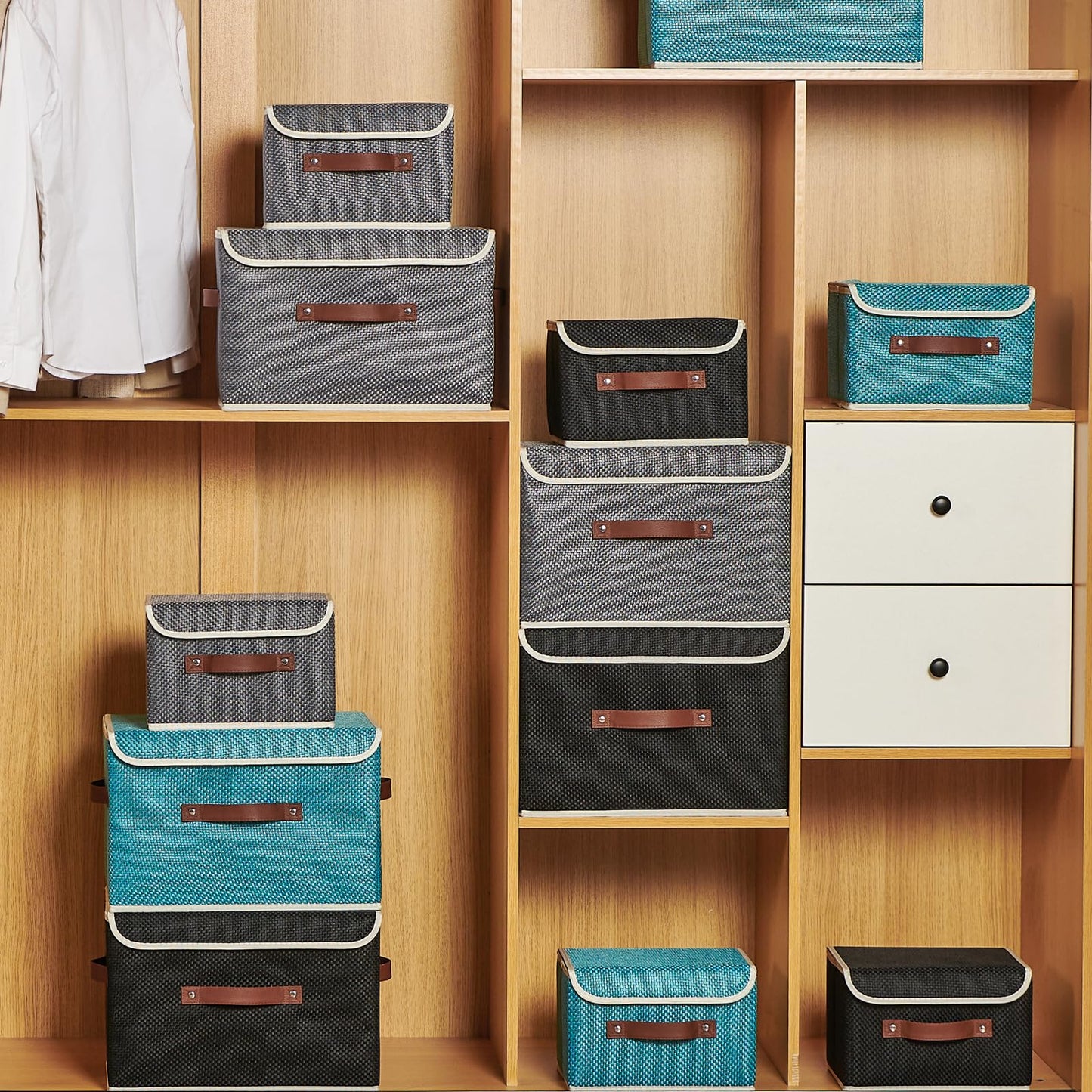 Storage Bins with Lid Fabric Storage Box Basket PU Leather Handle Textured Woven Cotton Linen Decorative Foldable Washable Shelf Closet Organizer Container (Zipper Lid, Gray, Small)