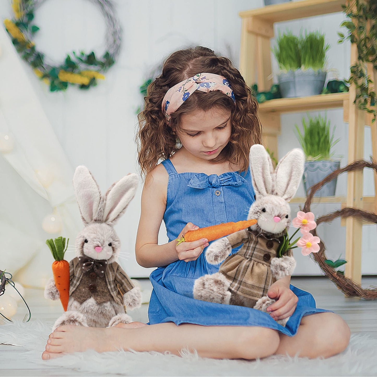 2 Pack Easter Bunny, 12.6" Handmade Huggable Rabbits Couple, Easter Basket Rabbits, Cute Bunny Party Favor Figurine, Spring Tabletop Holiday Room Decorations