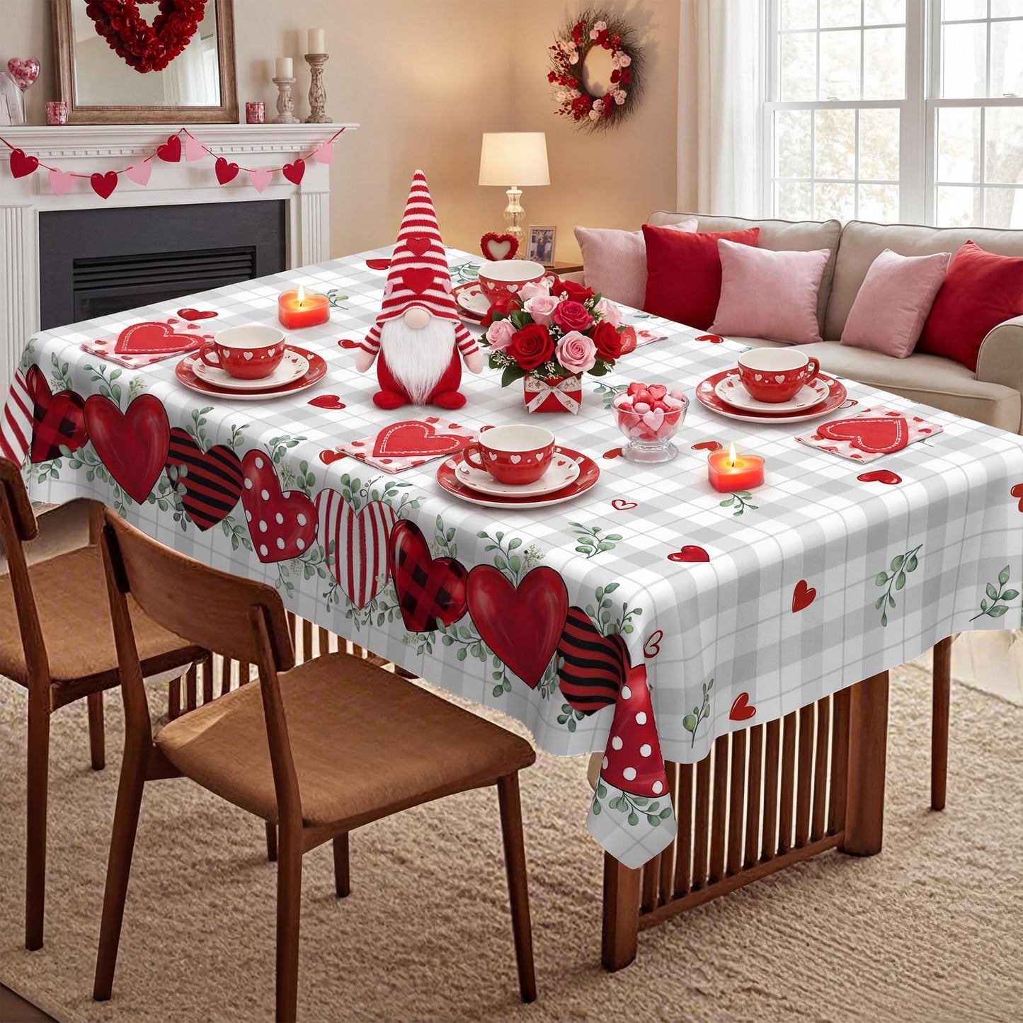 Valentines Day Tablecloth 60×84 Inch, Buffalo Plaid Valentine's Decorations for Home Table Cloth Rectangle, Valentine Day Red Heart Decor Tablecloths Polyester for Picnic Party Dinner