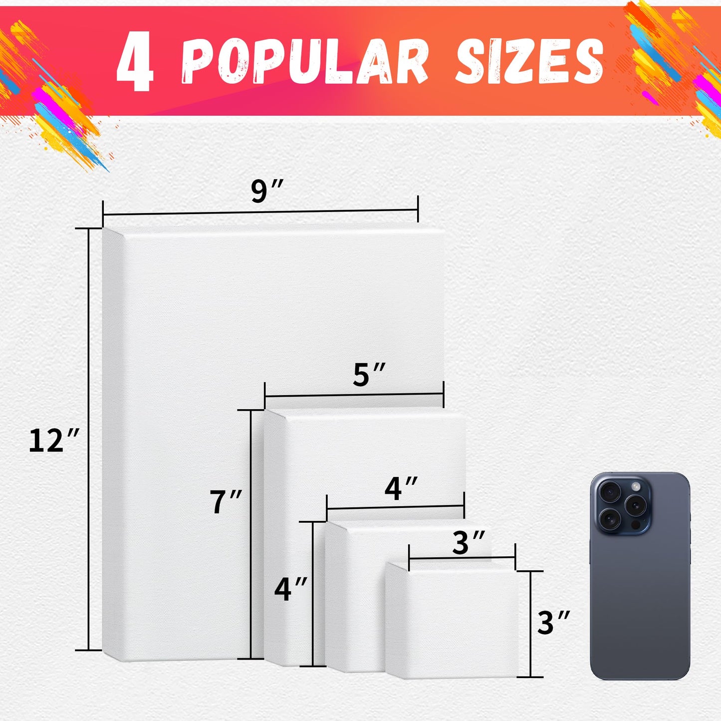 Stretched Canvas for Painting, 3"x3", 4"x4", 5"x7", 9"x12", Pack of 4, Pre-Primed Canvases Wood Framed Canvas Boards for Oil Acrylic Paint, Acid-Free Painting Canvas for Kids &Artists