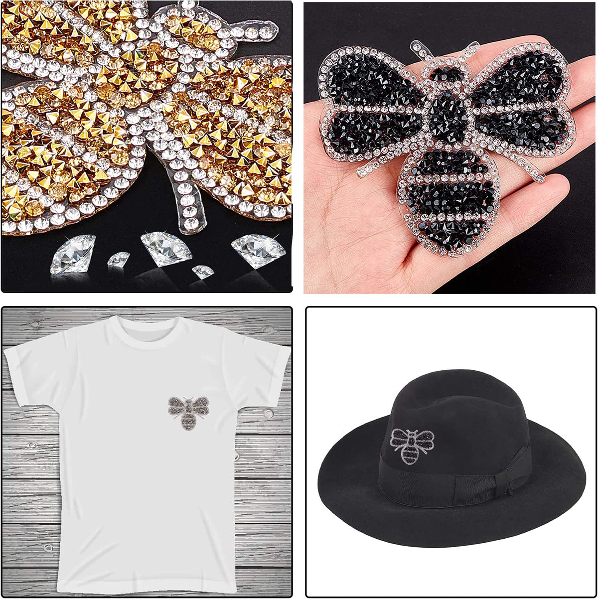Yazon 4pcs Crystals Bee Patches Iron on Rhinestone Appliques Patch Transfer