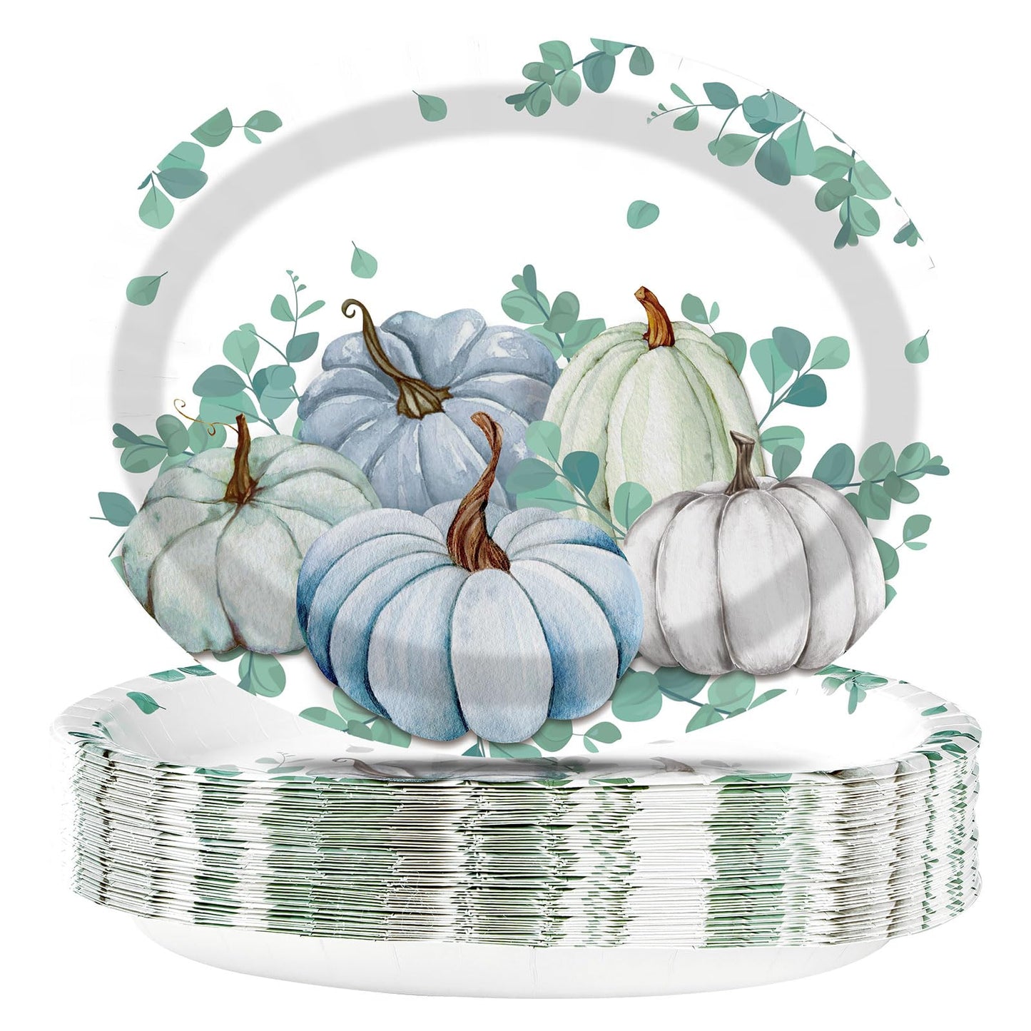 50Pcs Fall Oval Paper Plates Thanksgiving Plates Large 10" X 12" Disposable 400GSM Blue and White Pumpkin Plate for Little Pumpkin Baby Shower Fall Harvest Party Thanksgiving Party Decorations