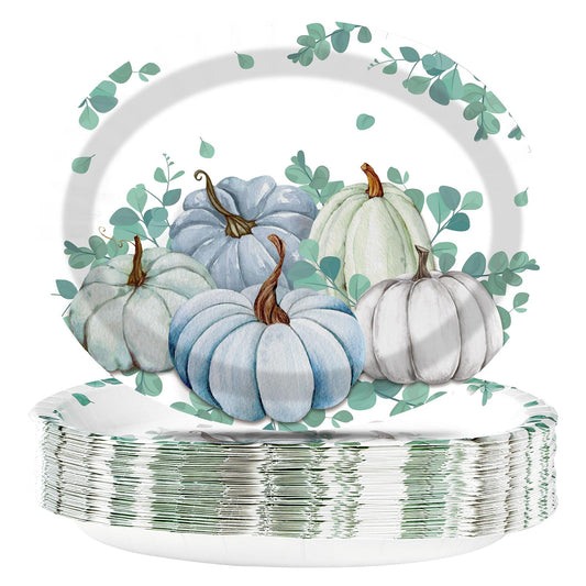 50Pcs Fall Oval Paper Plates Thanksgiving Plates Large 10" X 12" Disposable 400GSM Blue and White Pumpkin Plate for Little Pumpkin Baby Shower Fall Harvest Party Thanksgiving Party Decorations
