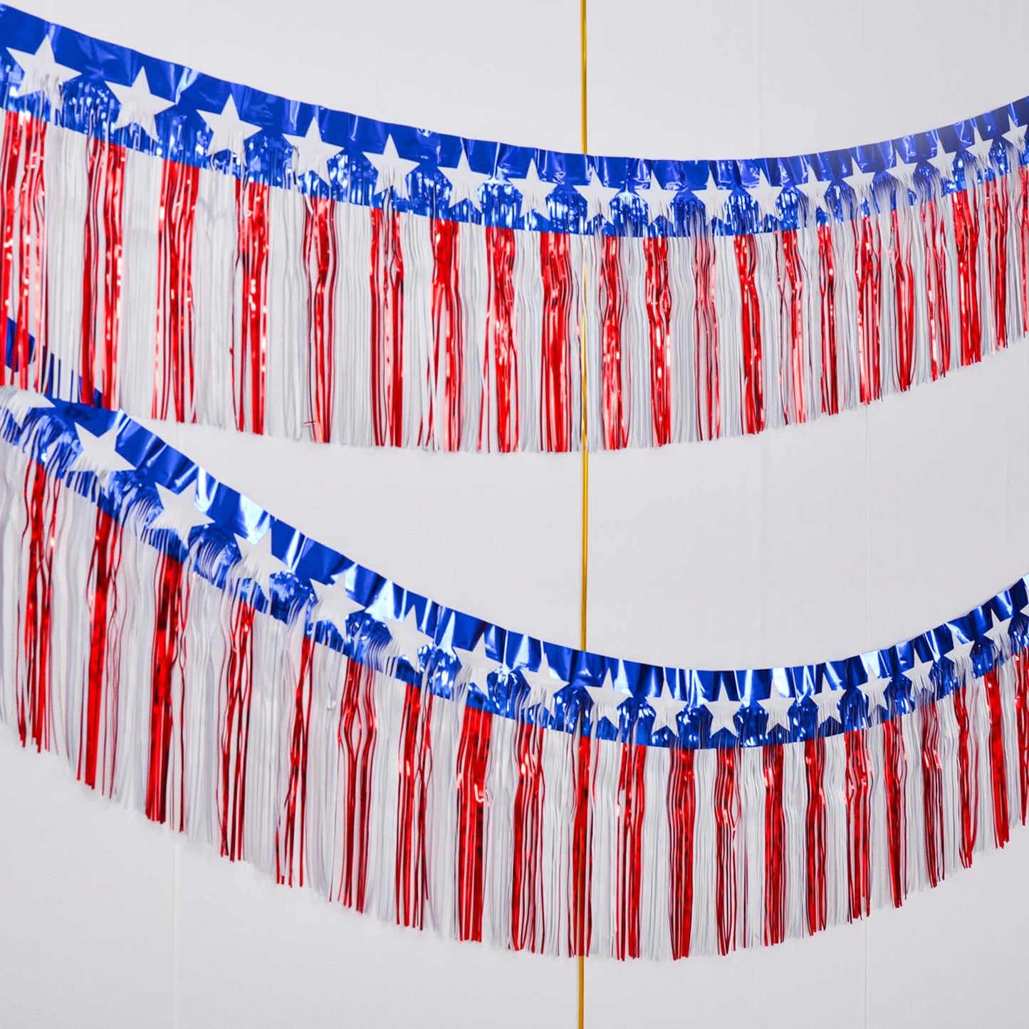 Mega-L 4th of July Decorations 2 Pack 40 Feet Foil Fringe Garland Tinsel Streamers, Red White and Blue Star Metallic Hanging Backdrop Banner Table Skirts for Parade Floats Memorial Day Patriotic Party
