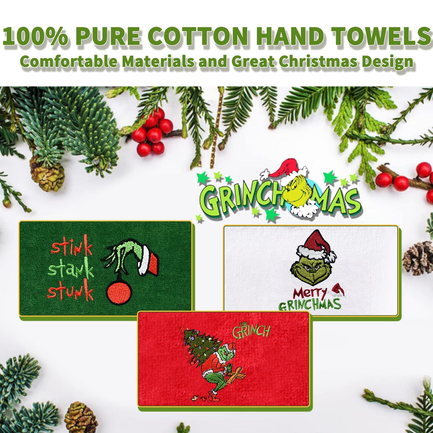 Malldii Large Size Christmas Hand Towels 16" x 27", 100% Pure Cotton Bathroom Decorative Towels Washcloths Kitchen Merry Christmas Towels Perfect Christmas Decor, Pack of 3