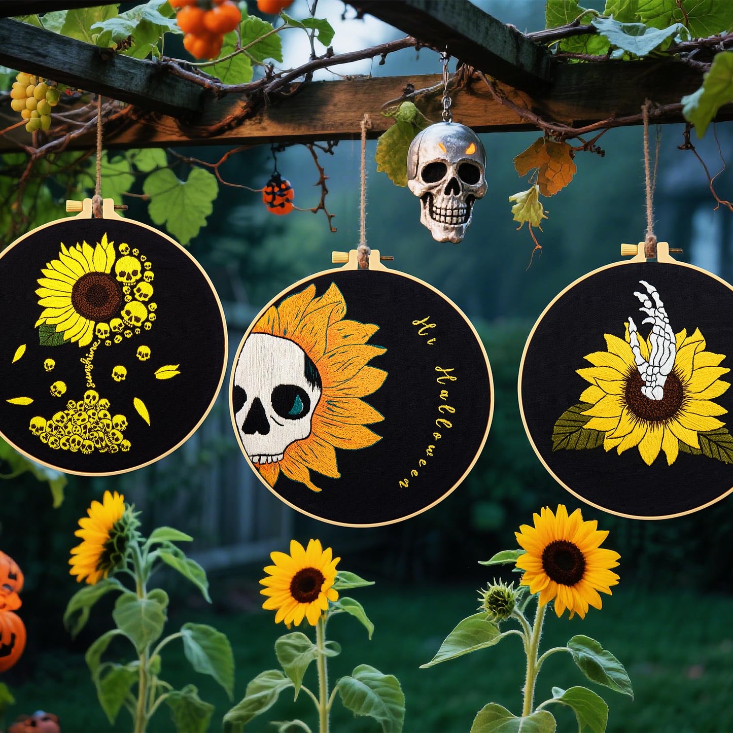 Halloween Gothic Embroidery Kits for Beginners Adults, Skull Hand Embroidery Needlepoint Kits, Sunflower Stamped Cross Stitch Kits for Beginners Adult, 3 Set Embroidery Hoops (Attached Video Tutorial)