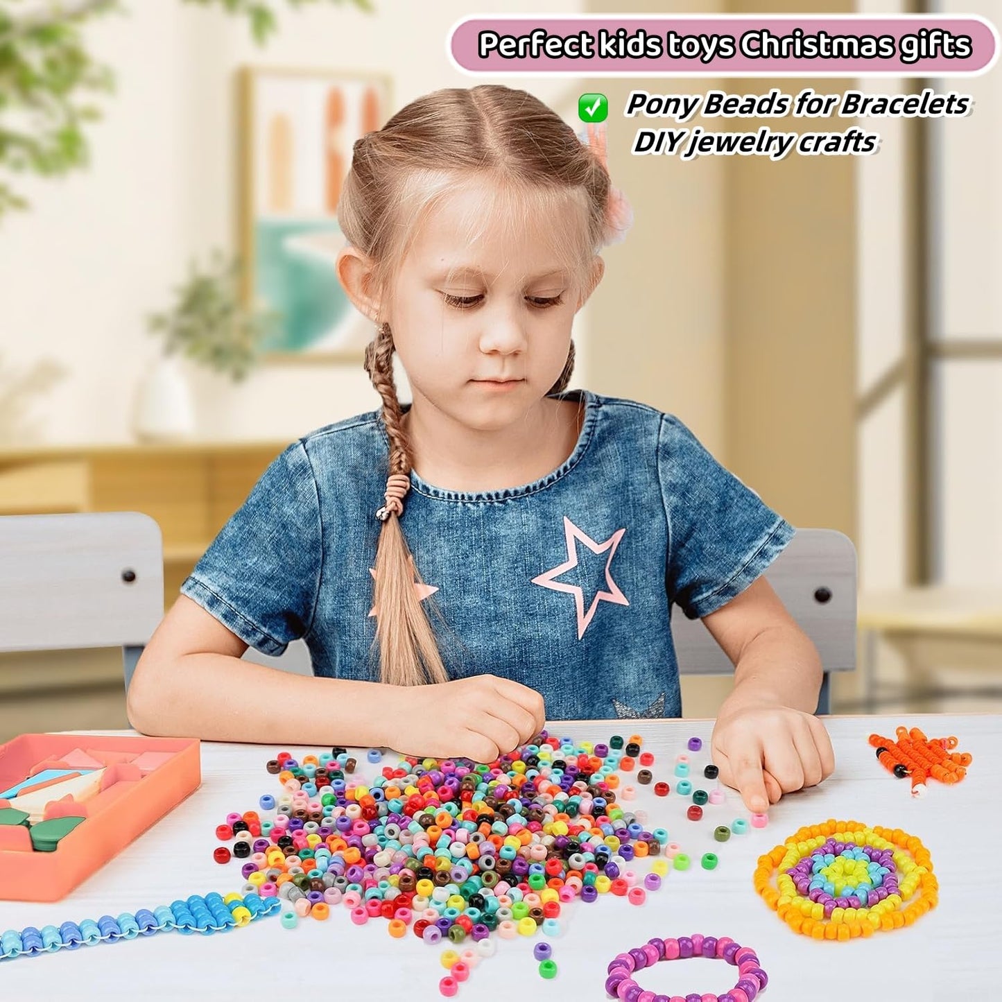 5 Boxes Bracelet Making Kit Pony Beads, 96 Colors 6x9mm Kandi Rave Beads for Bracelets Friendship Plastic Beads with 800Pcs Letter Bead DIY Arts and Crafts for Kids Adults Keychain Jewelry Making