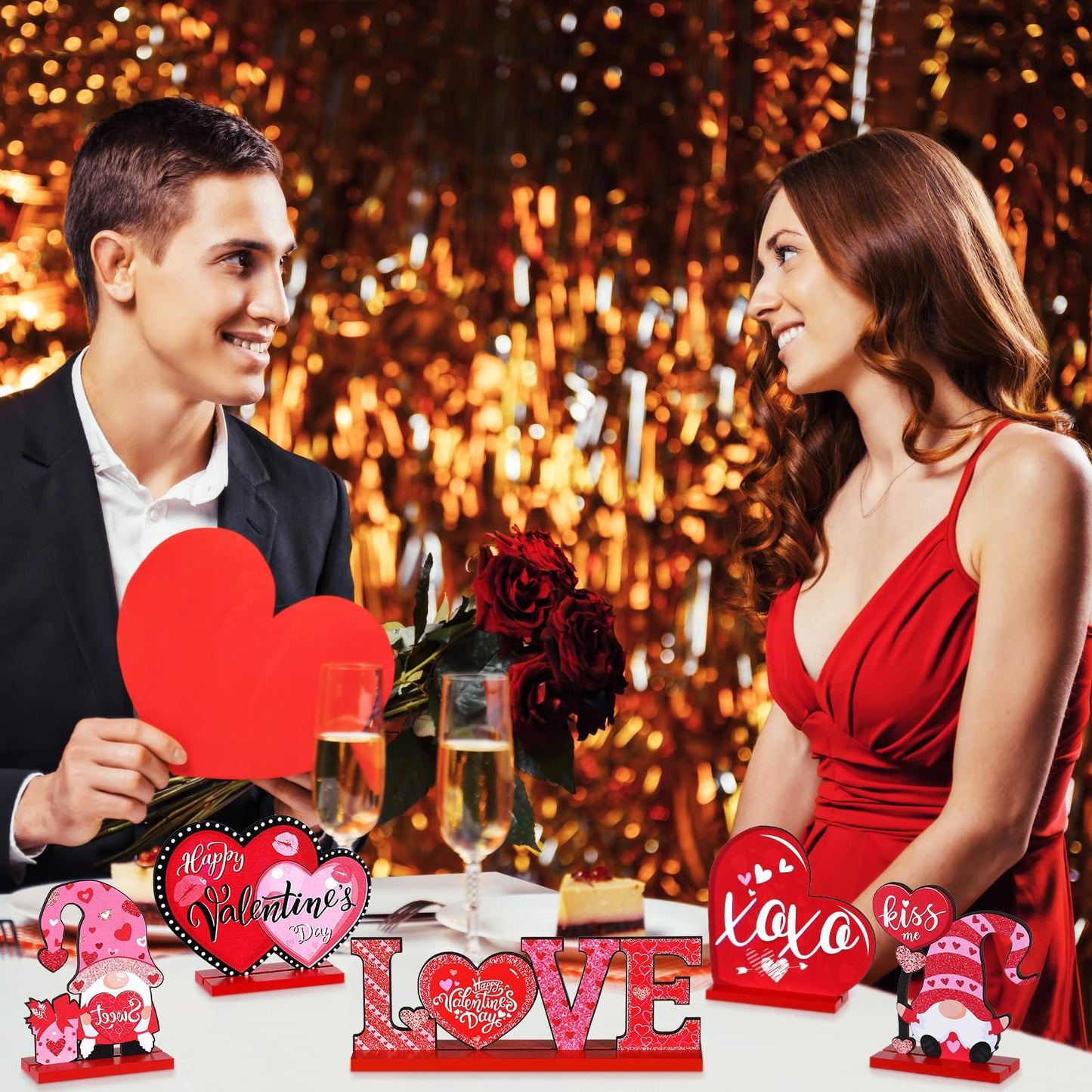 5 Pcs Valentine's Day Wooden Table Sign Decoration Freestanding Table Centerpiece Sign Romantic Love Heart Shape Home Decor Tiered Tray Wood Gnome Valentines Day Accessories(Red)