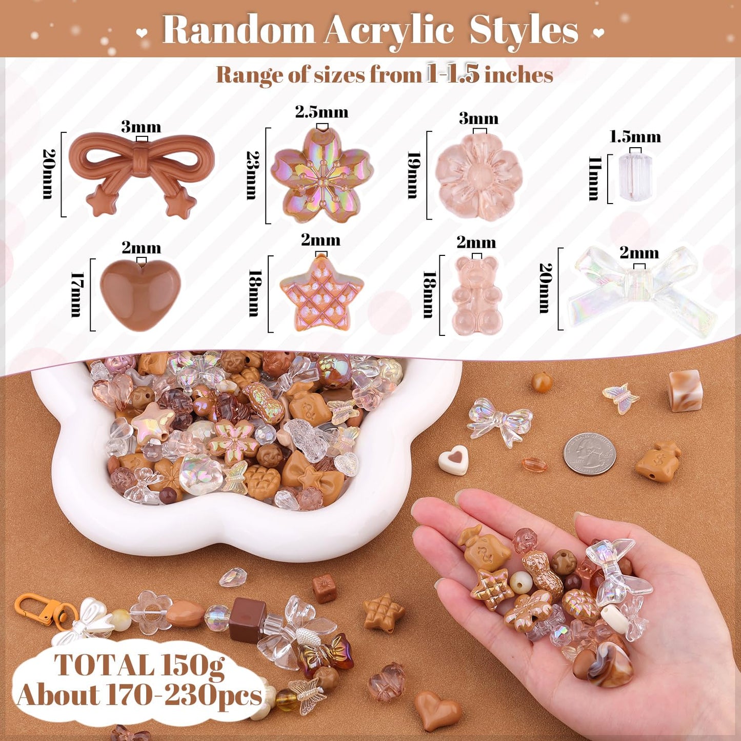 TINKRSTUFF Assorted 170-230PCS Brown Acrylic Beads for Bracelet Making, Flower Bow Butterfly Candy GummyBear Aesthetic Bracelet Charms,Cute Beads for Jewelry Making DIY Necklace Keychain Phone Charm
