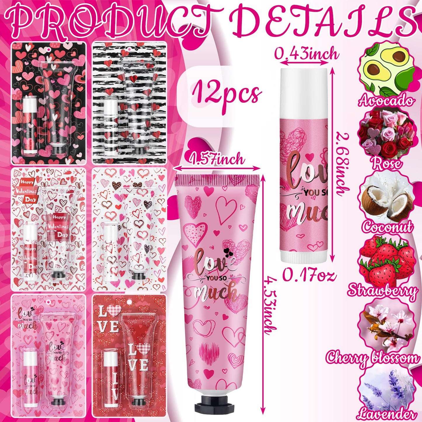 12 Sets Valentine‘s Day Hand Cream Lip Balm Bulk Gifts Galentine's Day Gift Valentine Party Favor Love Heart Travel Size Moisturizing Hand Lotion for Women Coworker Teacher Nurse, 30 ml