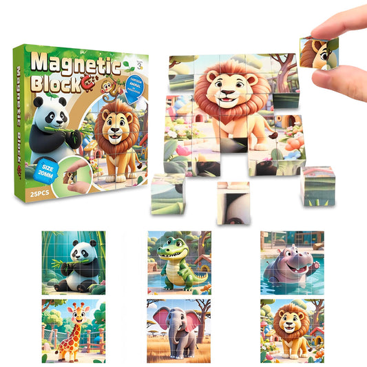 Magnetic Blocks Building Toy,Ritastar 25pcs Mine Stacking Magnet Build Cubes Cartoon Pattern World,STEM Sensory Construction Toys for Kids Gift,Educational Jigsaw Puzzle Set with 3D Zoo Animal Designs