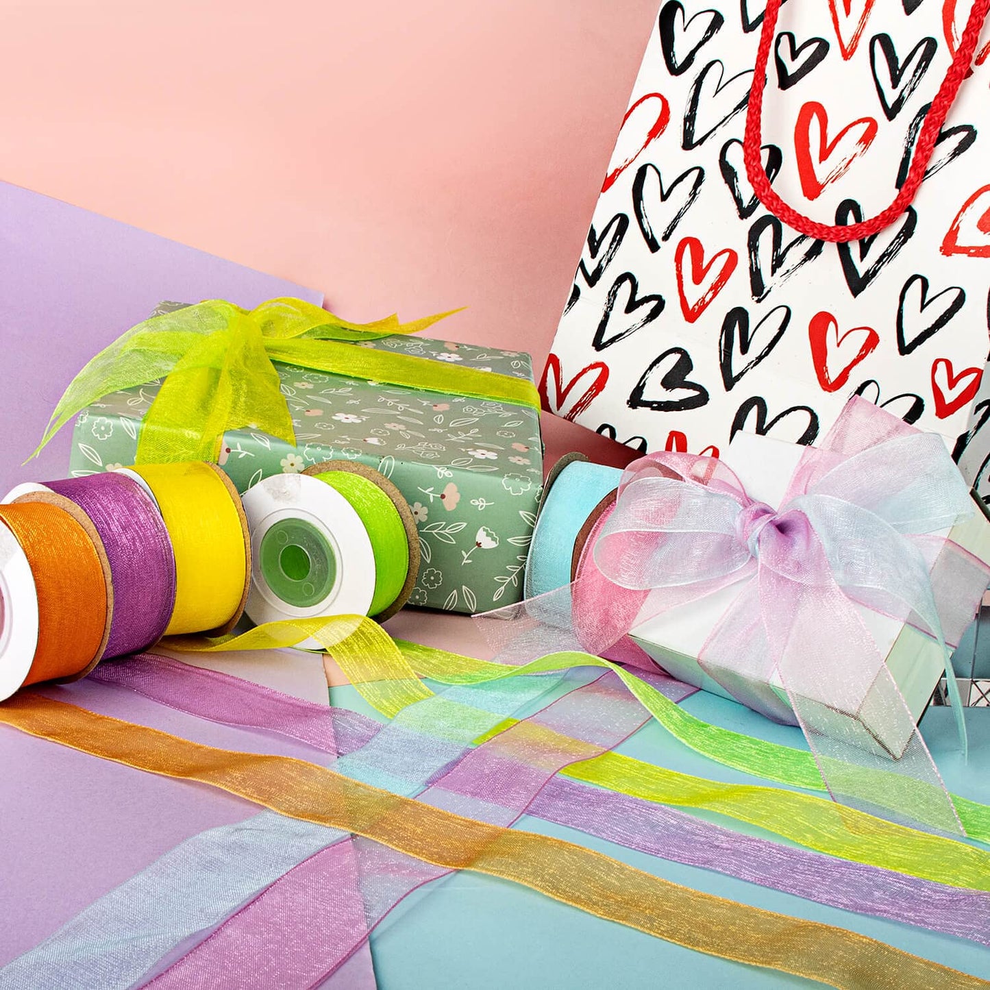 6 Spools Ribbon Sheer Chiffon Ribbon Gift Wrapping Ribbon Summer Ribbon Organza Ribbon for Crafts, 1 Inch Wide 60 Yards