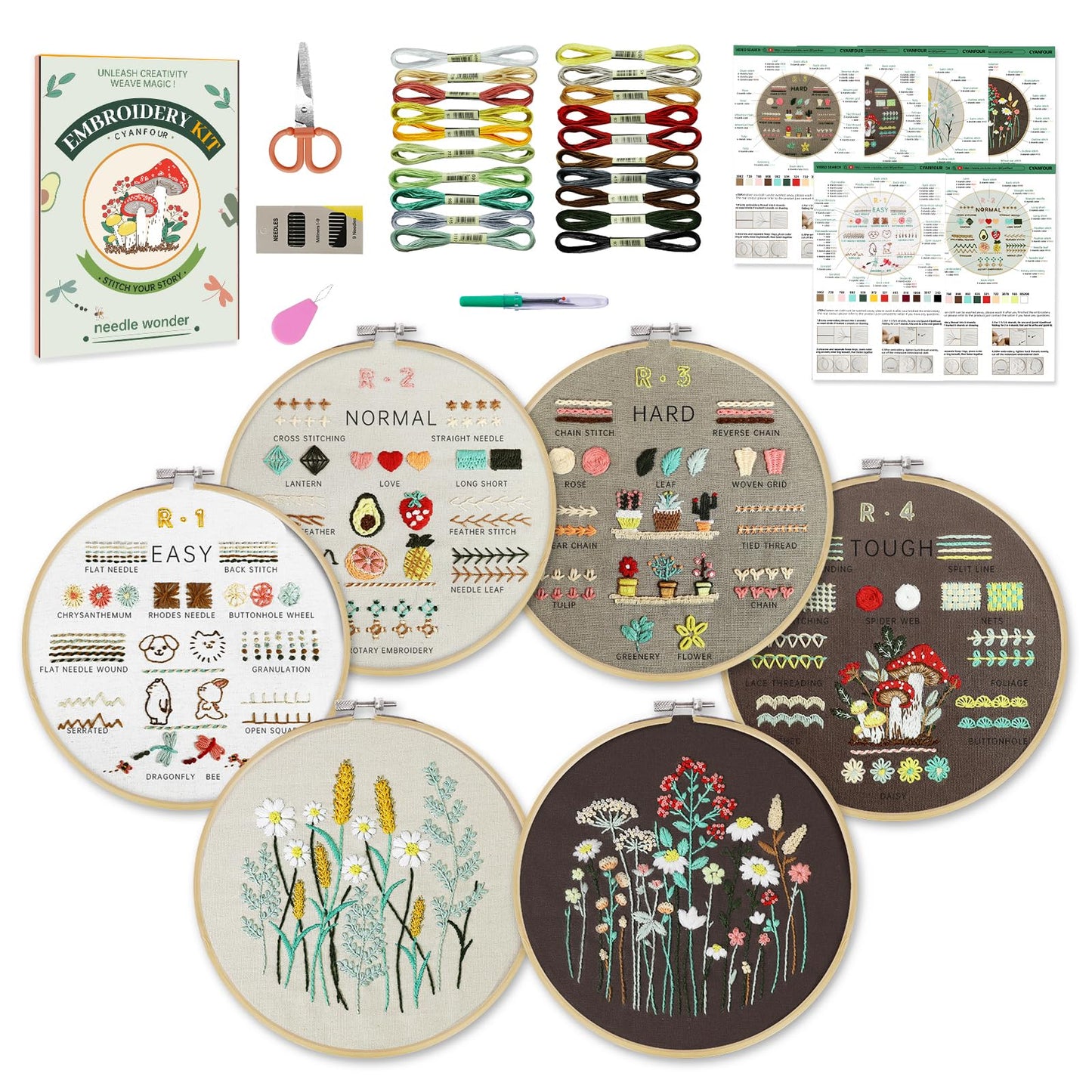 CYANFOUR 6 Stage Embroidery Kit for Beginners Adults, Easy to Learn 38 Different Stitches from Instruction & Video, Needlepoint Kits for Adults with Stamped Embroidery Patterns.