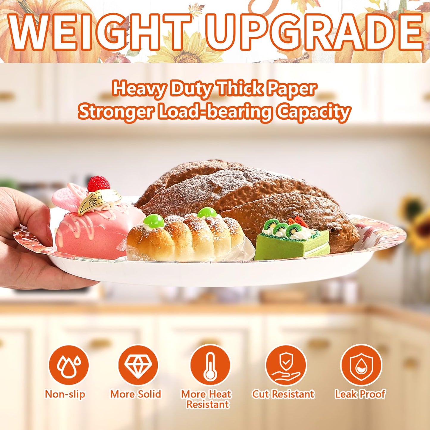 Grencian 50Pcs Friendsgiving Oval Paper Plates Thanksgiving Party Decorations 10" x 12" Large Disposable Autumn Fall Pumpkin Maple Leaves Platter for Thanksgiving Harvest Friends Thanks Party Supplies