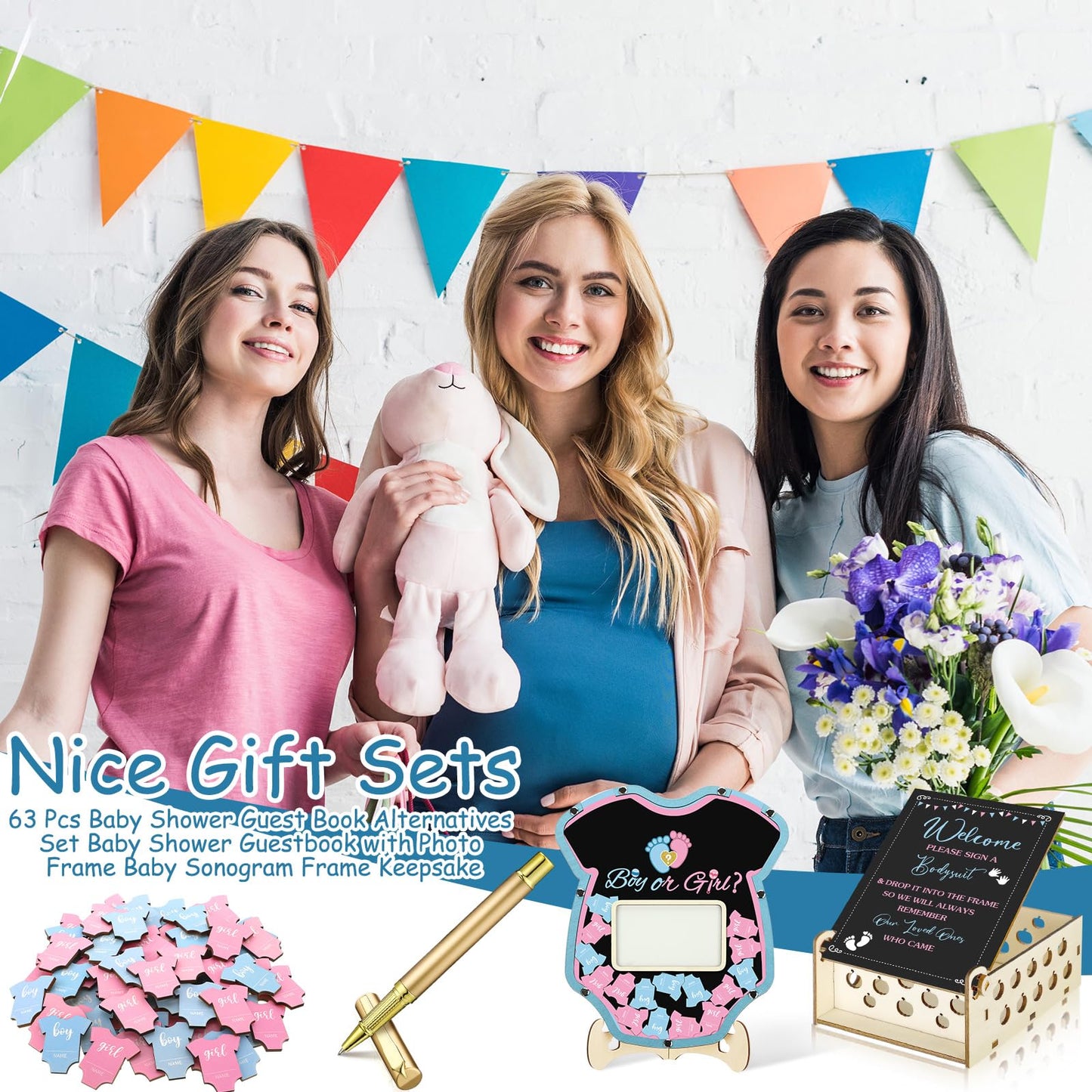 63 Pcs Baby Shower Guest Book Alternatives Set Baby Shower Decorations with Photo Frame Sonogram Frame Keepsake 60 Wood Slices Guest Book for Birthday (Gender Reveal)