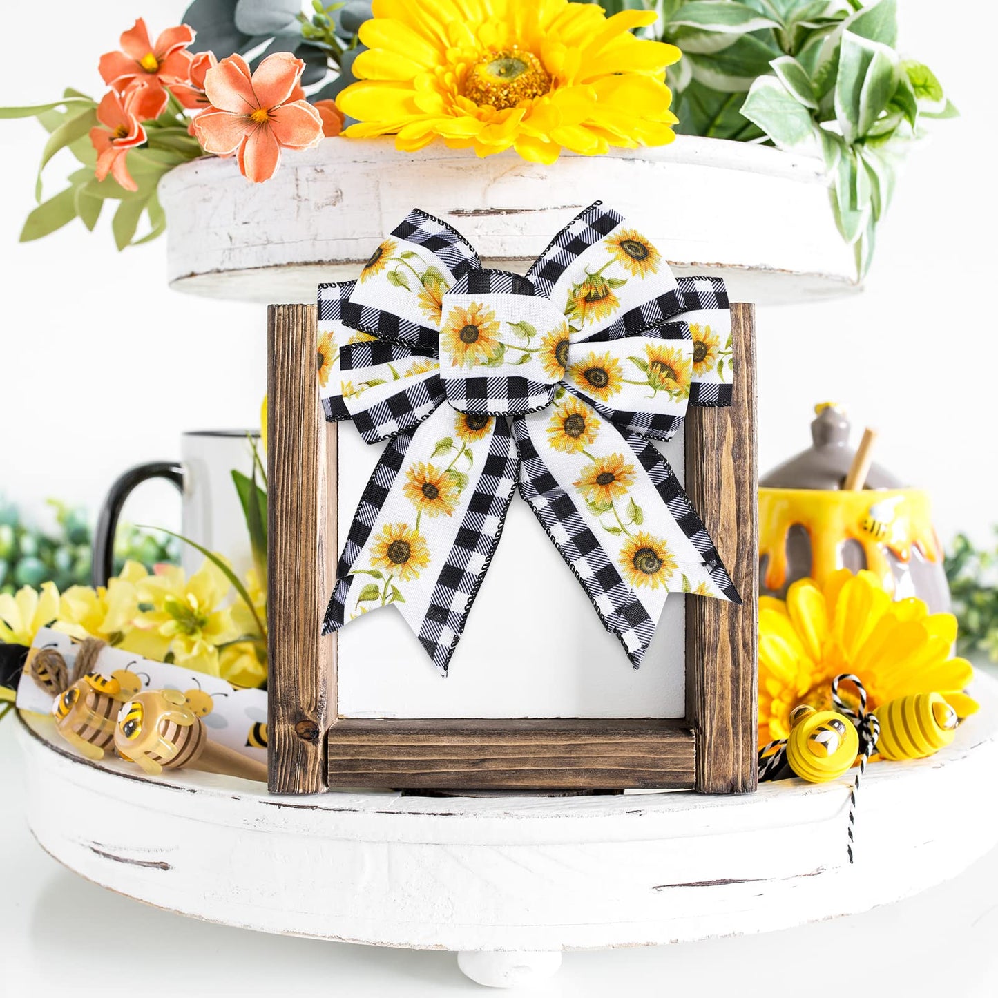 36 Yard Sunflower Wired Edge Ribbon 6 Roll 2.5 Inch Buffalo Plaids Flower Fabric Ribbon Spring Summer Floral Decorative Craft Ribbon for Gift Wrapping Decor Hair Bow Sewing Wreath Crafts