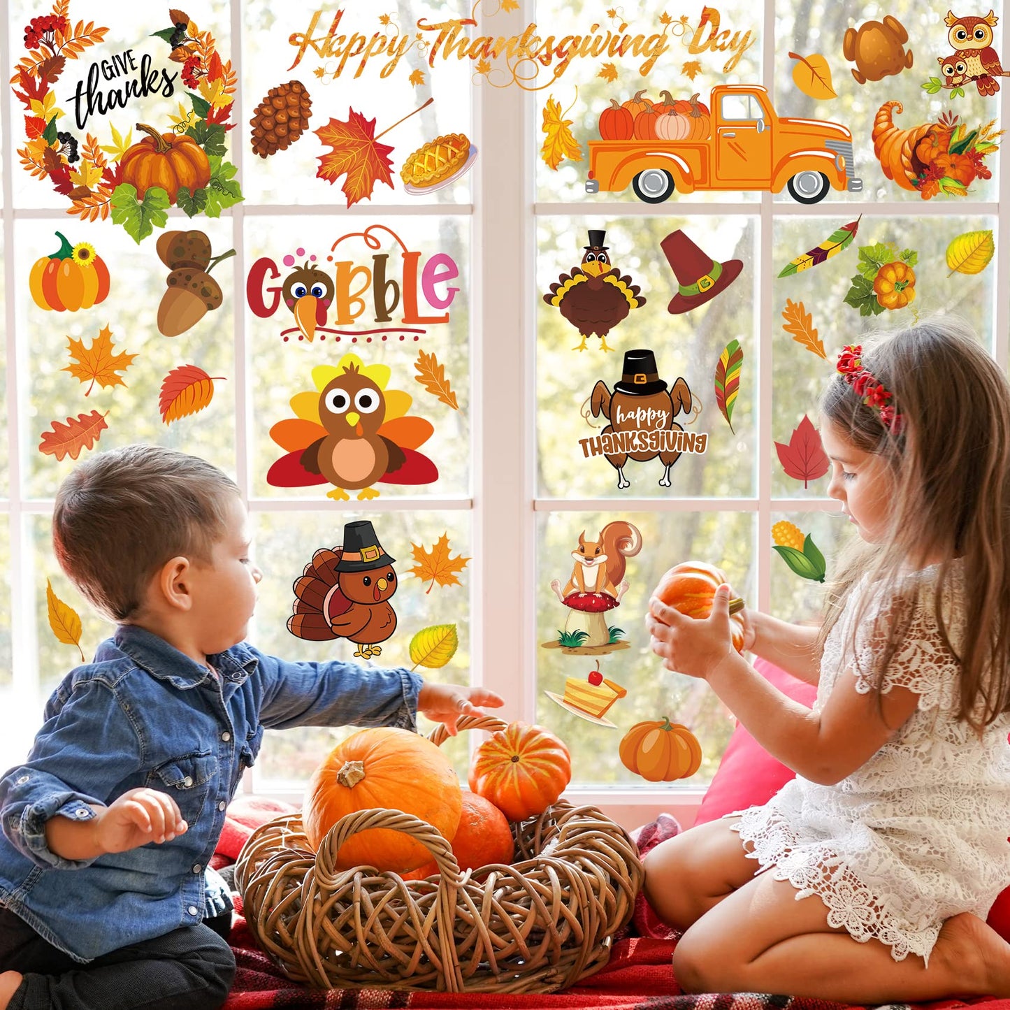145PCS Thanksgiving Window Clings, Fall Window Decorations Pumpkin Fall Leaves Window Stickers Decals Gobble Turkey Stickers Thanksgiving Decor for Home Office Classroom